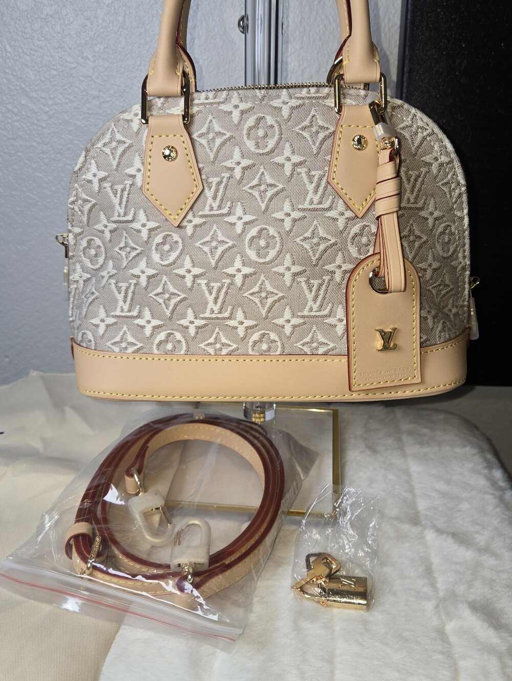 Beige Monogram Canvas Dome Satchel with Tan Leather Trim